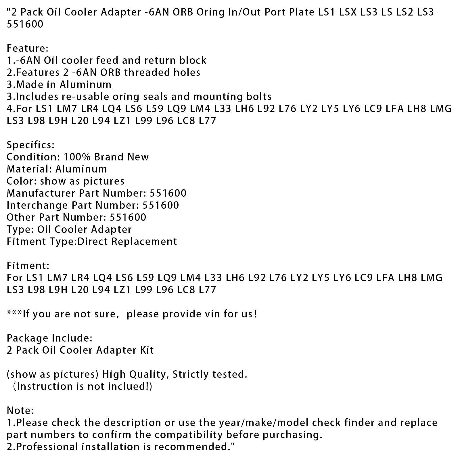 2 Pack Oil Cooler Adapter -6AN ORB Oring In/Out Port Plate LS1 LSX LS3 LS LS2