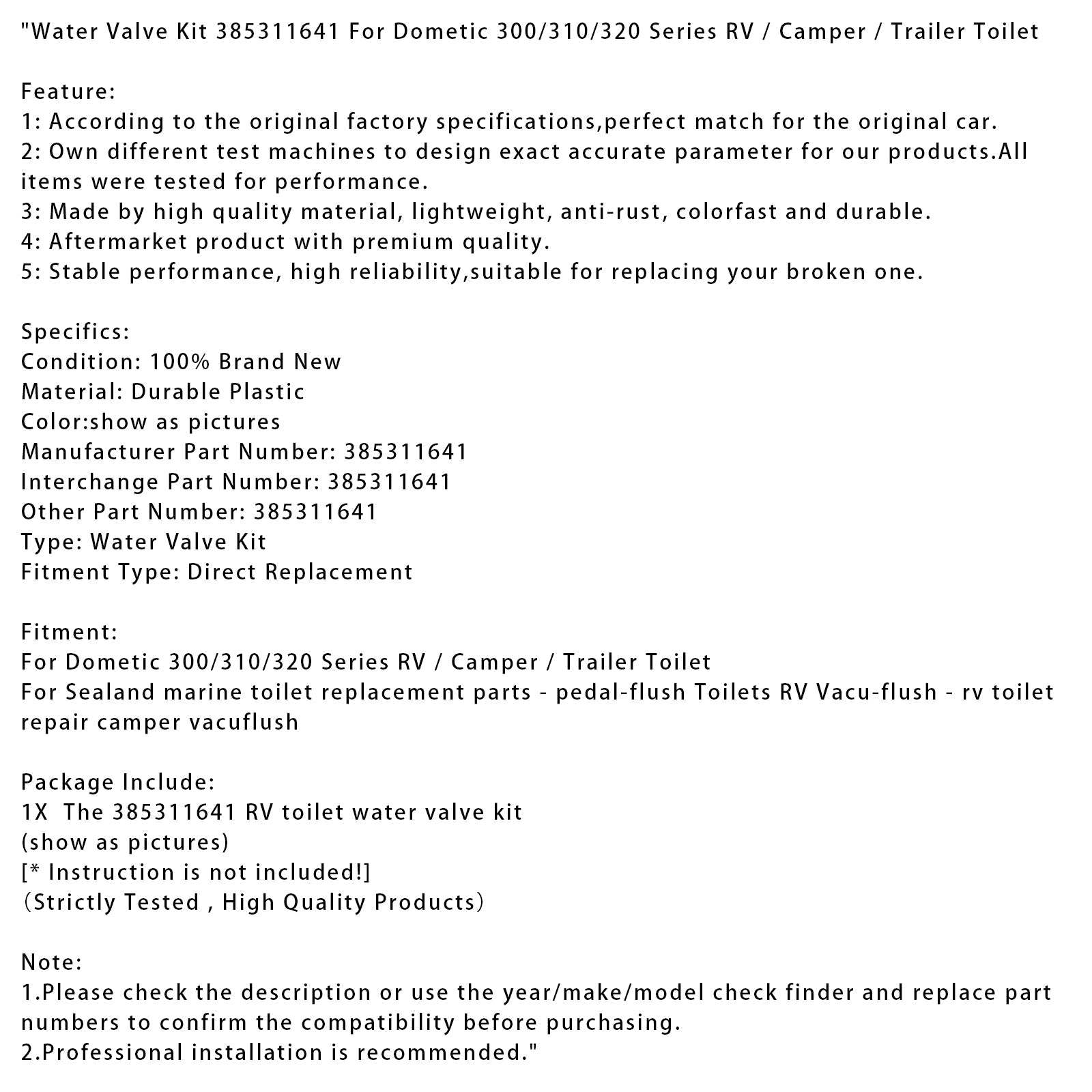 Water Valve Kit For Dometic 300/310/320 Series RV / Camper / Trailer Toilet