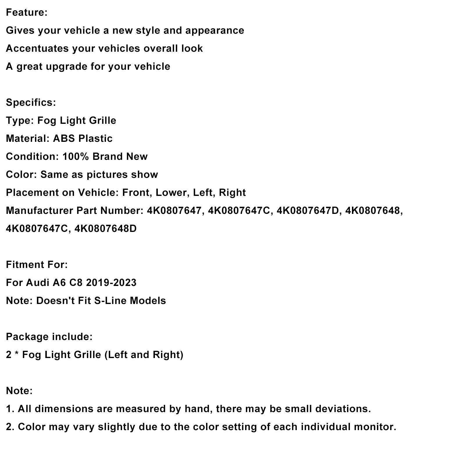 2PCS Front Bumper Grille Grill Fog Light Cover Fit Audi A6 C8 2019-2023