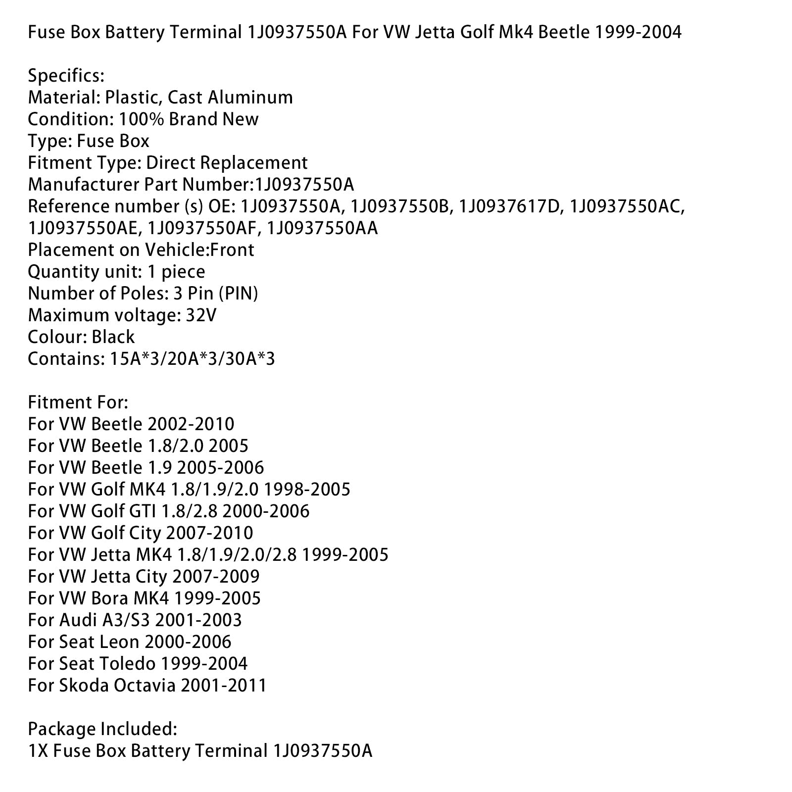 Fuse Box Battery Terminal 1J0937550A For VW Jetta Golf Mk4 Beetle 1999-2004