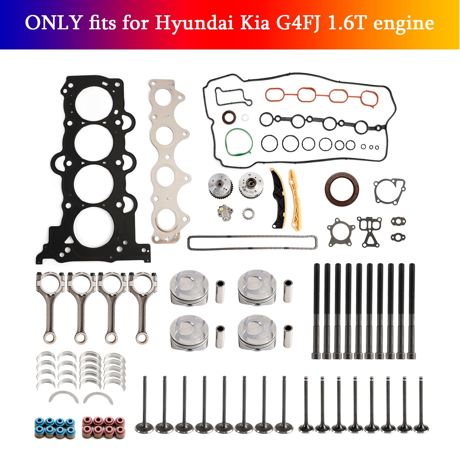 G4FJ 1.6T Engine Piston Gasket Valve Bearing Timing Kit w/ Rods for Hyundai Accent Verna (RB/RC) (2011-2017) Elantra (AD) (2017-2020)