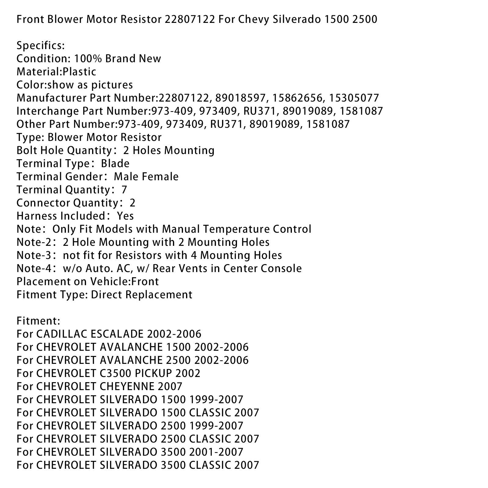 Front Blower Motor Resistor 22807122 For Chevy Silverado 1500 2500