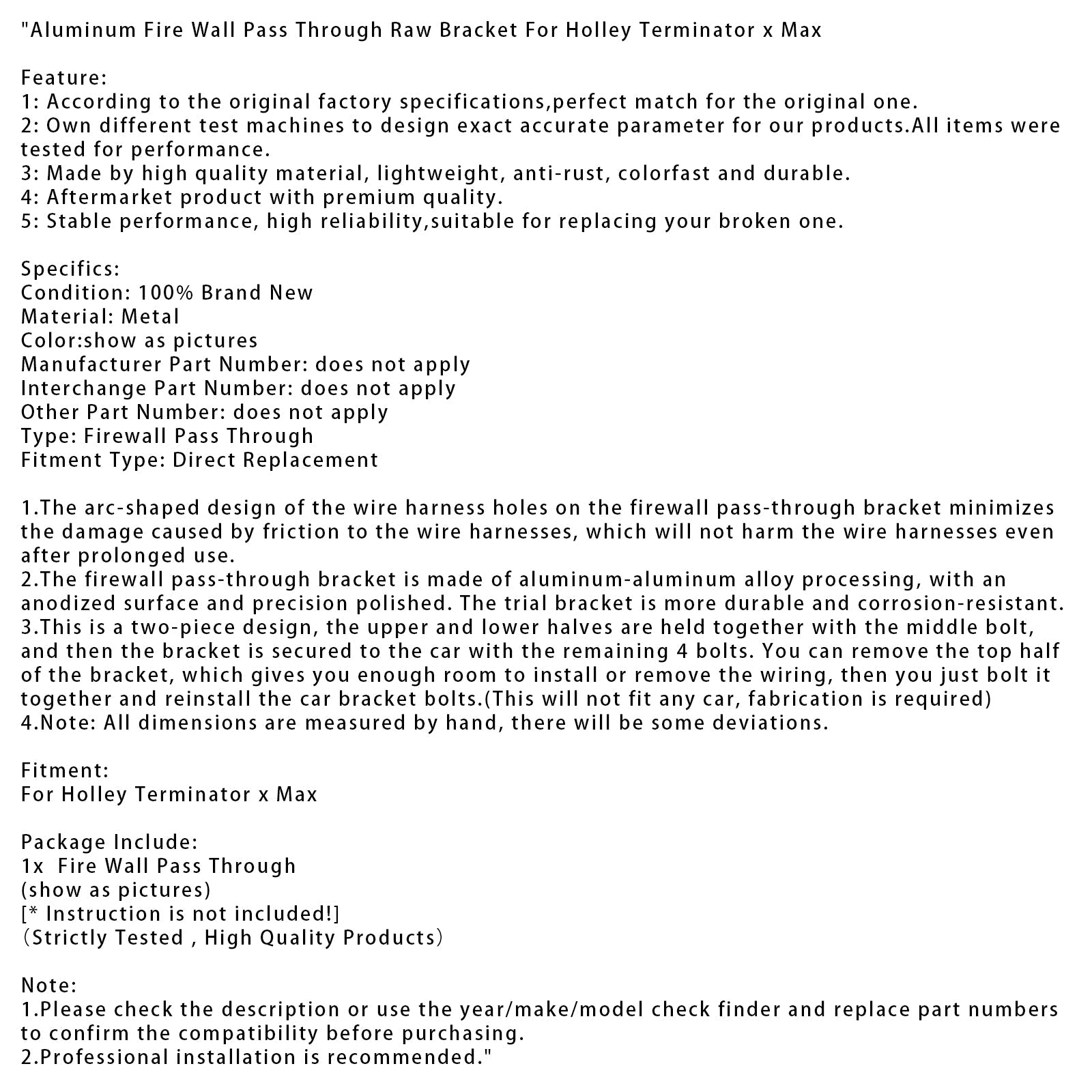 Holley Terminator x Max Aluminum Fire Wall Pass Through Raw Bracket