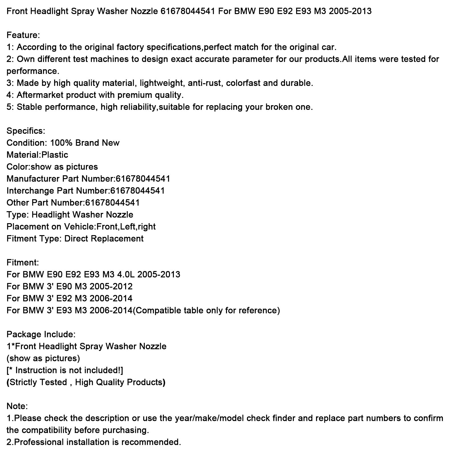 Front Headlight Spray Washer Nozzle 61678044541 For BMW M3 2005-2013