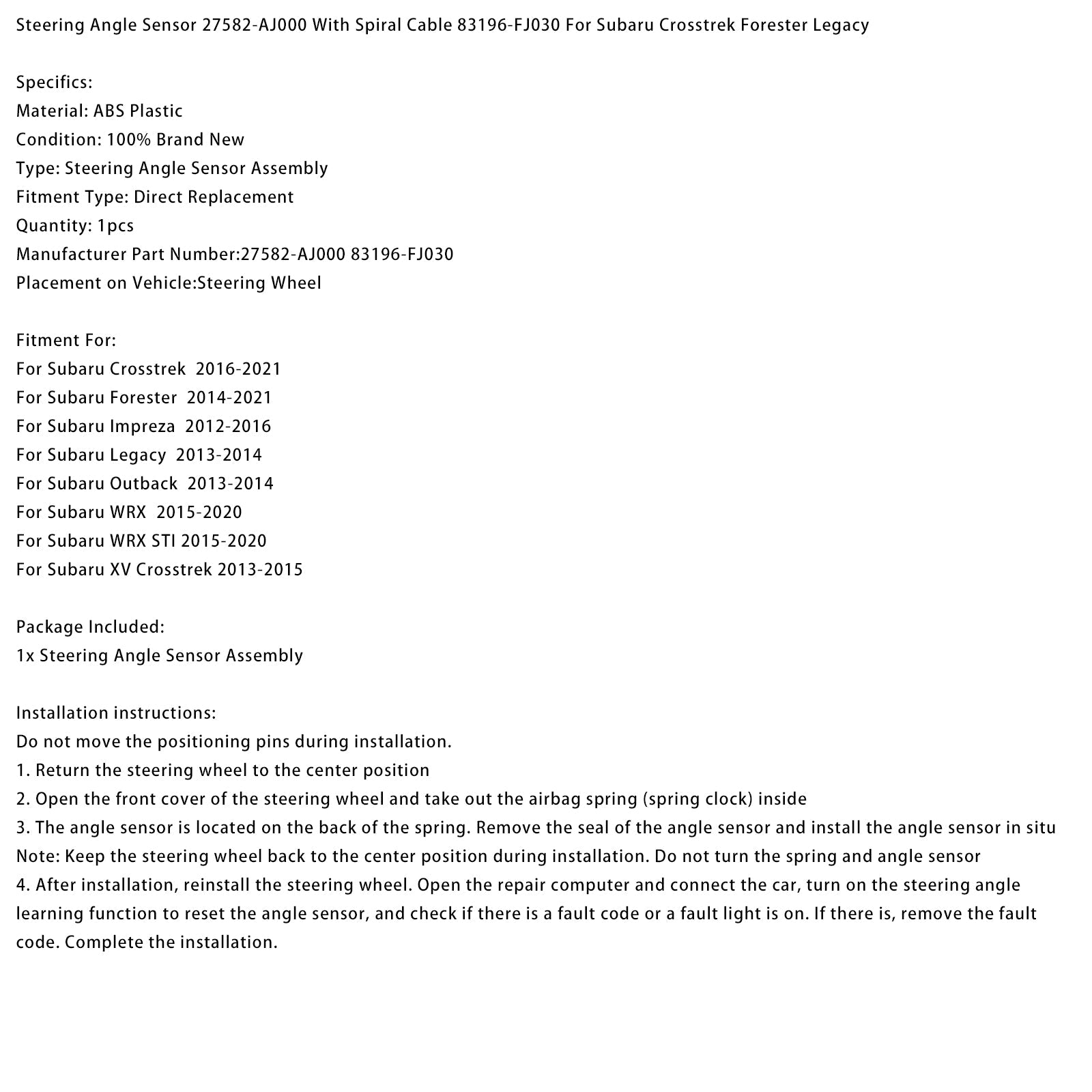 2015-2020 Subaru WRX Steering Angle Sensor With Spiral Cable 83196-FJ030 27582-AJ000
