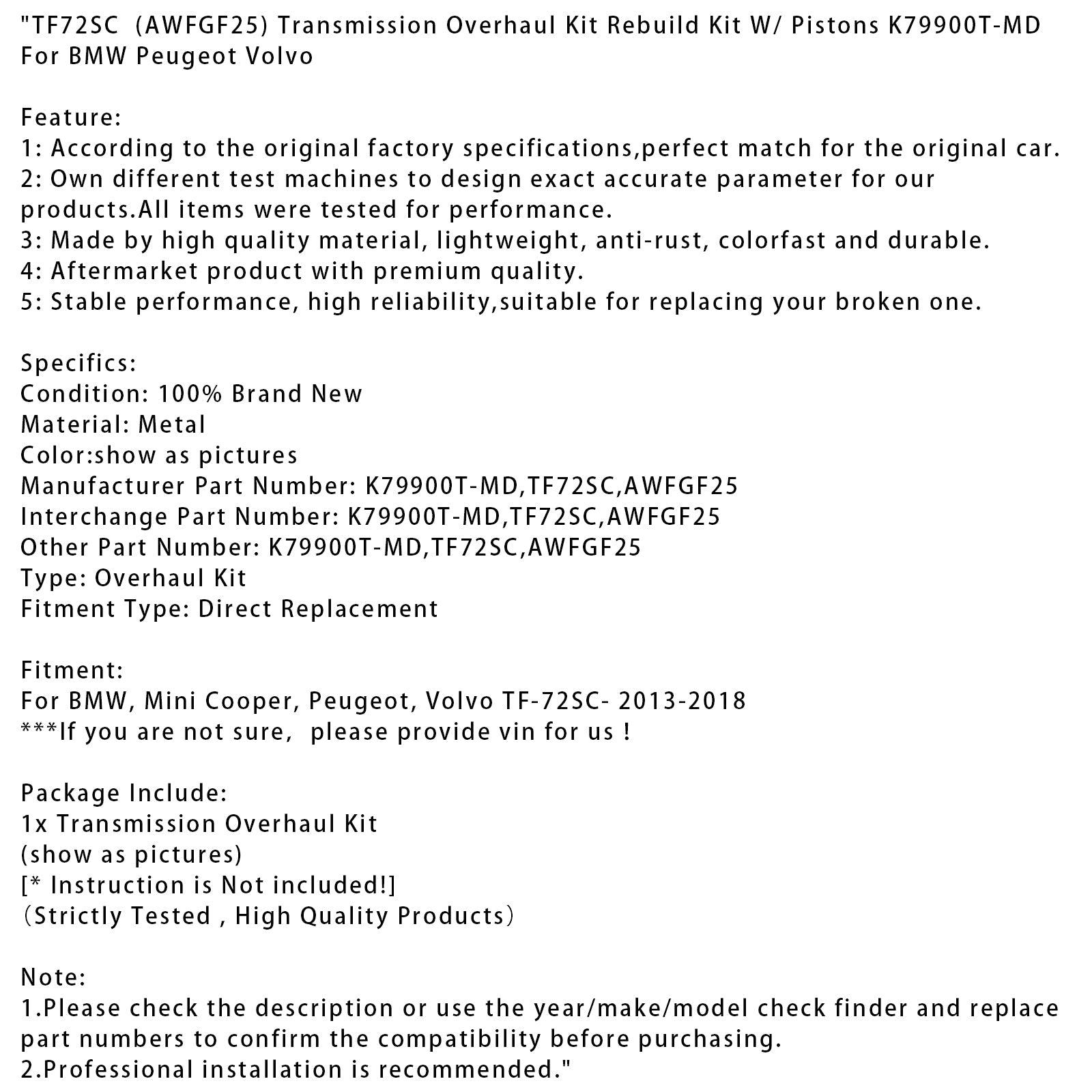 2013-2018 BMW, Mini Cooper, Peugeot, Volvo Transmission Overhaul Kit Rebuild Kit W/ Pistons TF-72SC