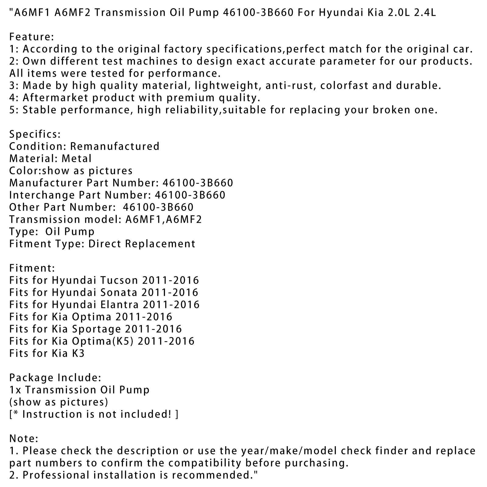 A6MF1 A6MF2 변속기 오일 펌프 46100-3B660 용 현대 기아 2.0L 2.4L