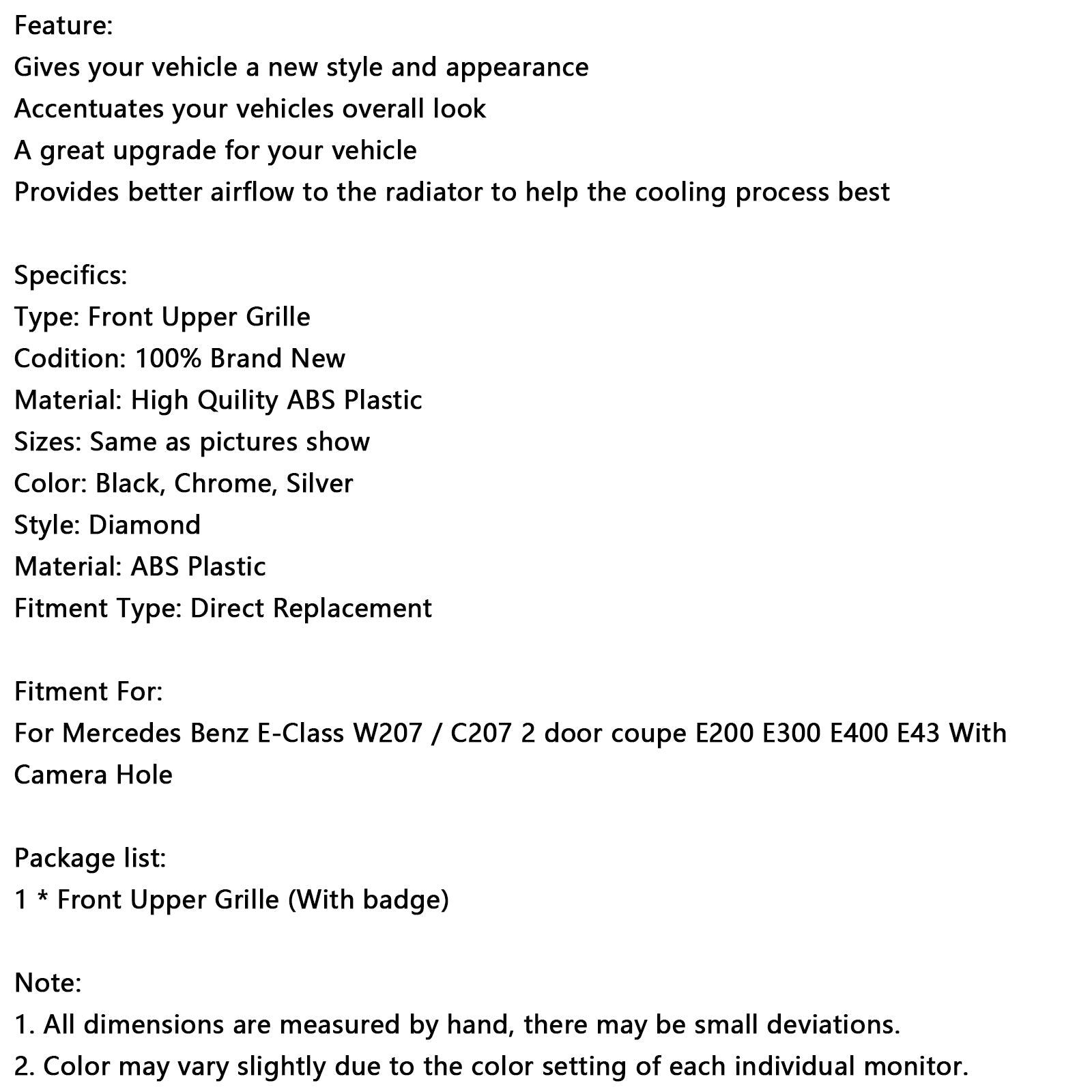 2014-2017 Mercedes E-CLASS W207 Coupe GT Style Front Bumper Grille Grill