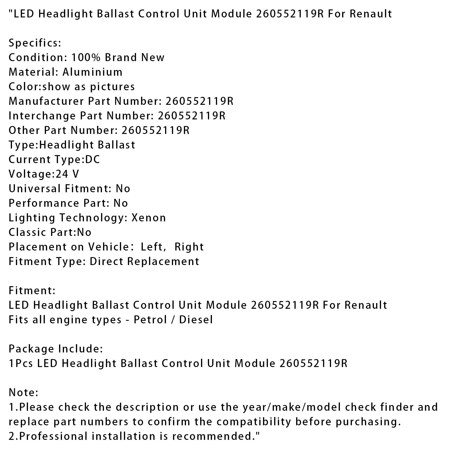 LED Headlight Ballast Control Unit Module 260552119R For Renault