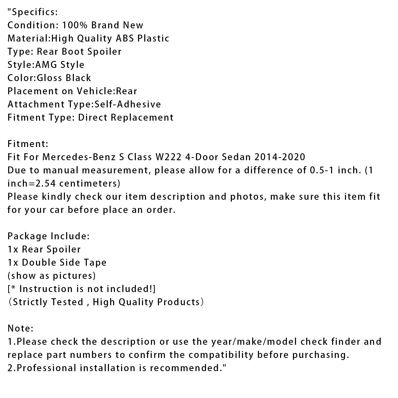2014-2020 Mercedes-Benz S-Class W222 Gloss Black Rear Boot Spoiler