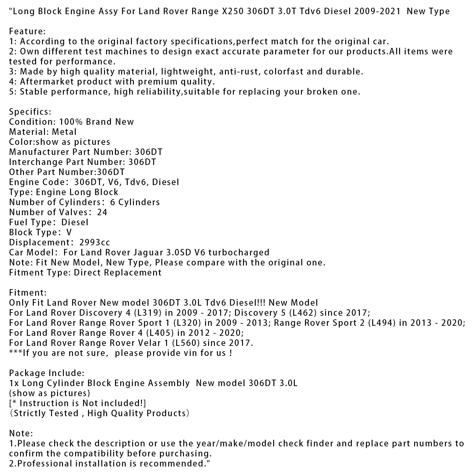 2012-2020 Land Rover Range Rover 4 (L405) Long Block Engine 306DT