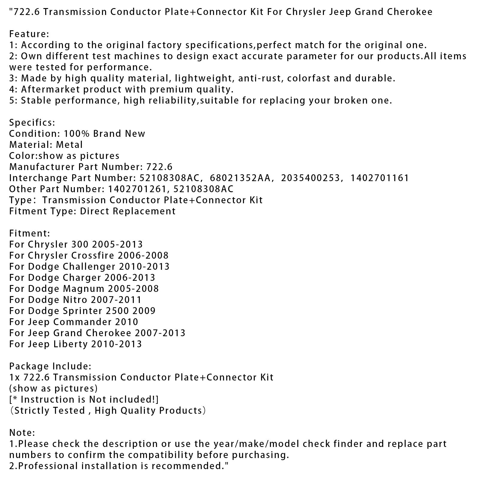 2006-2008 Chrysler Crossfire 722.6 Transmission Conductor Plate+Connector 52108308AC 1402701261
