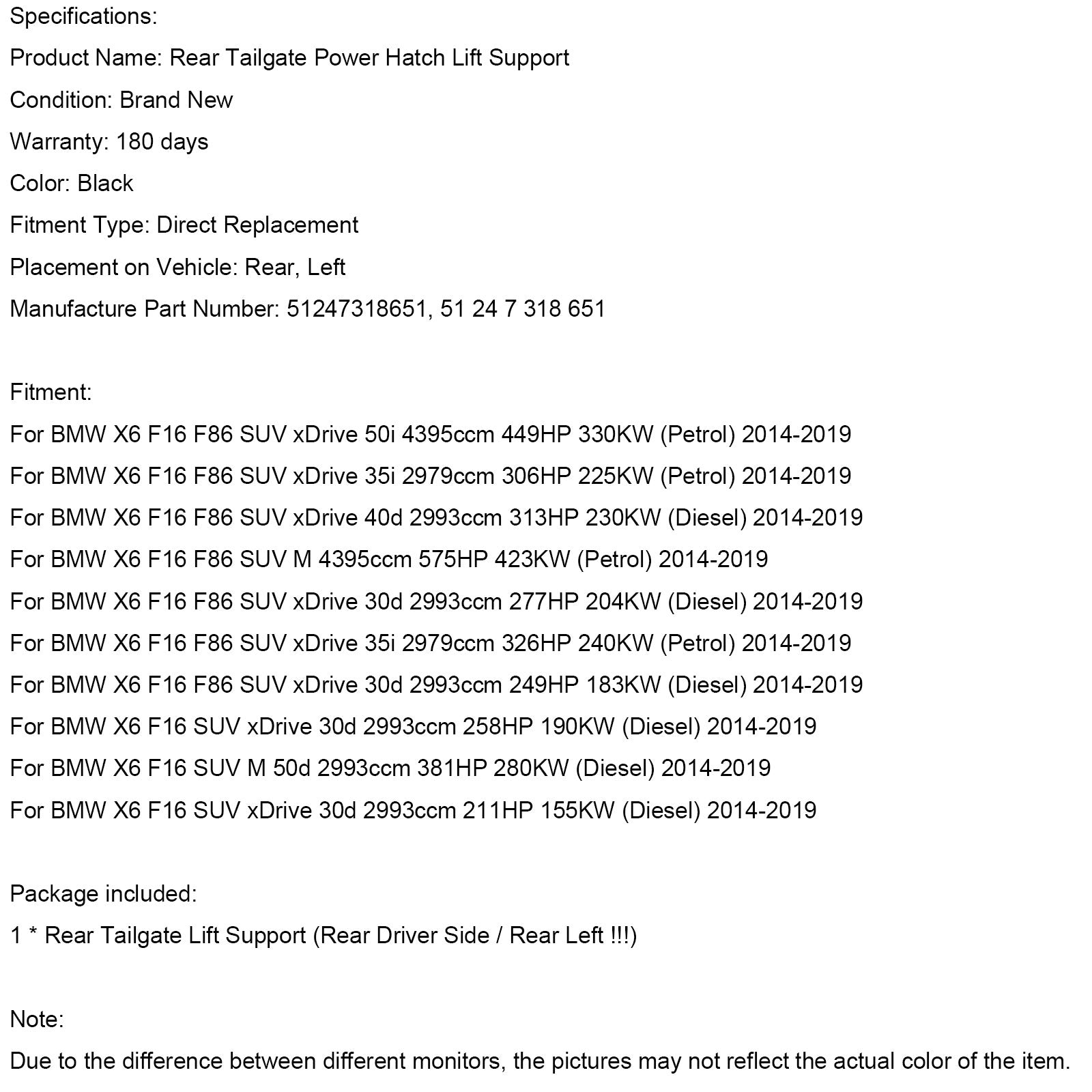 Rear Left Tailgate Power Lift Support 51247318651 Fit BMW X6 F16 F86 2014-2019