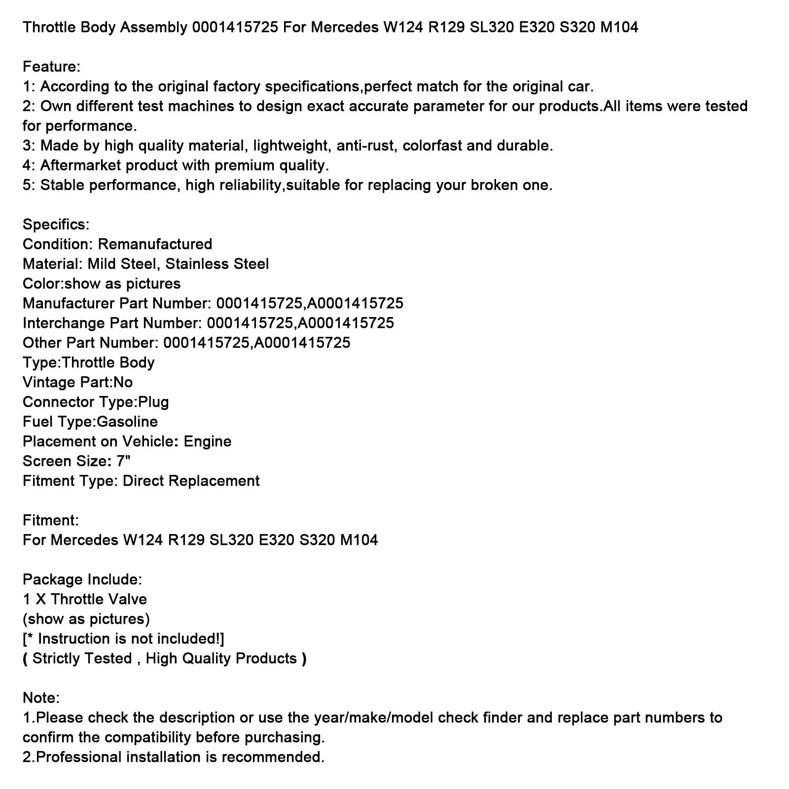 Mercedes W124 R129 SL320 E320 S320 M104 Throttle Body Assembly 0001415725