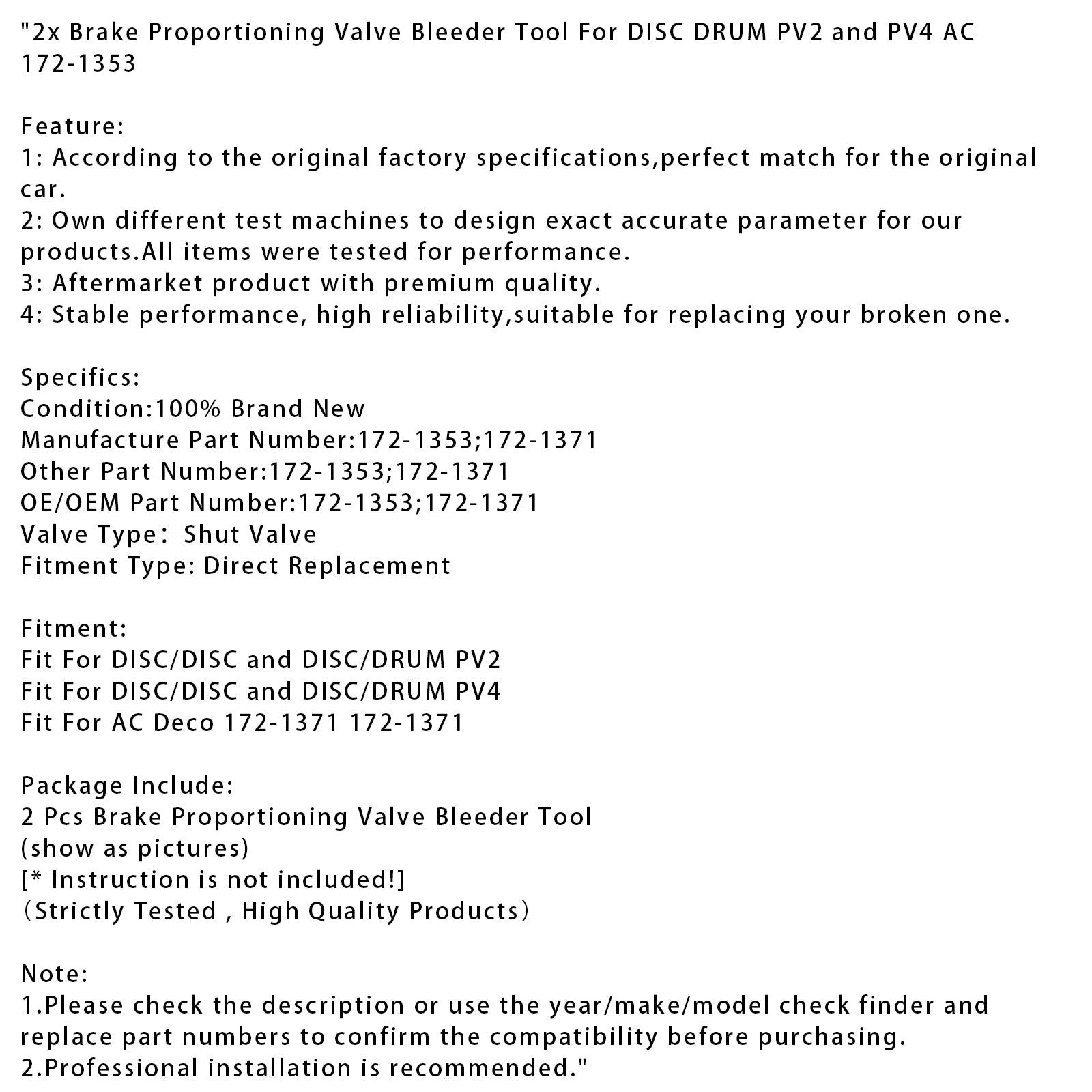 2x Brake Proportioning Valve Bleeder Tool For DISC DRUM PV2 and PV4 AC 172-1353
