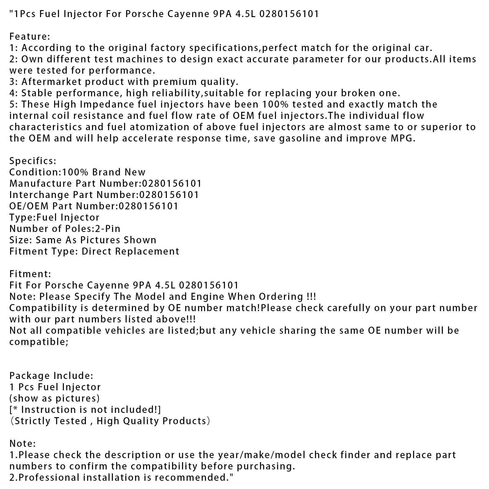 1Pcs Fuel Injector For Porsche Cayenne 9PA 4.5L 0280156101