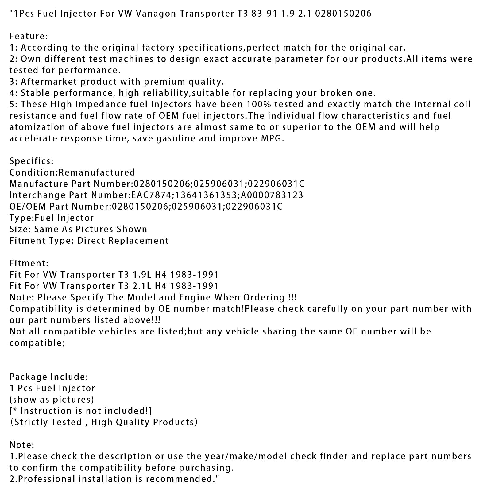 1Pcs Fuel Injector For VW Vanagon Transporter T3 83-91 1.9 2.1 0280150206