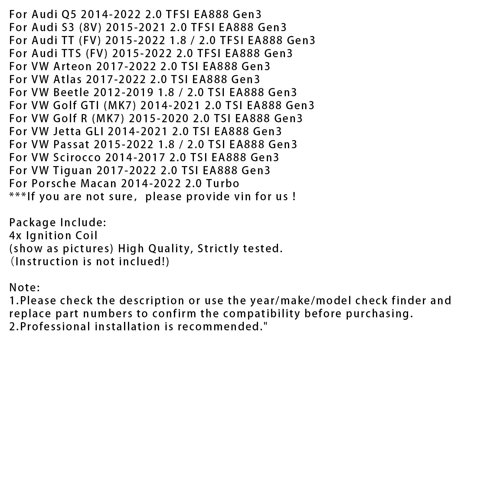 2015-2022 Audi A7 1.8 / 2.0 TFSI EA888 Gen3 4PCS Ignition Coil 06L905110H