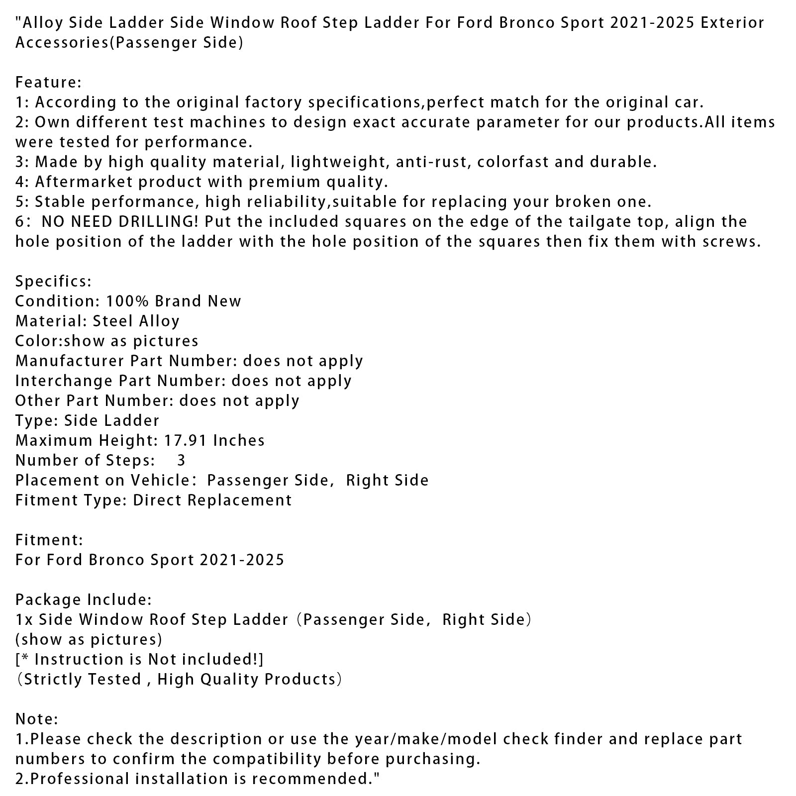 Ladder Side Window Roof Step Ladder For Ford Bronco Sport 2021-2025