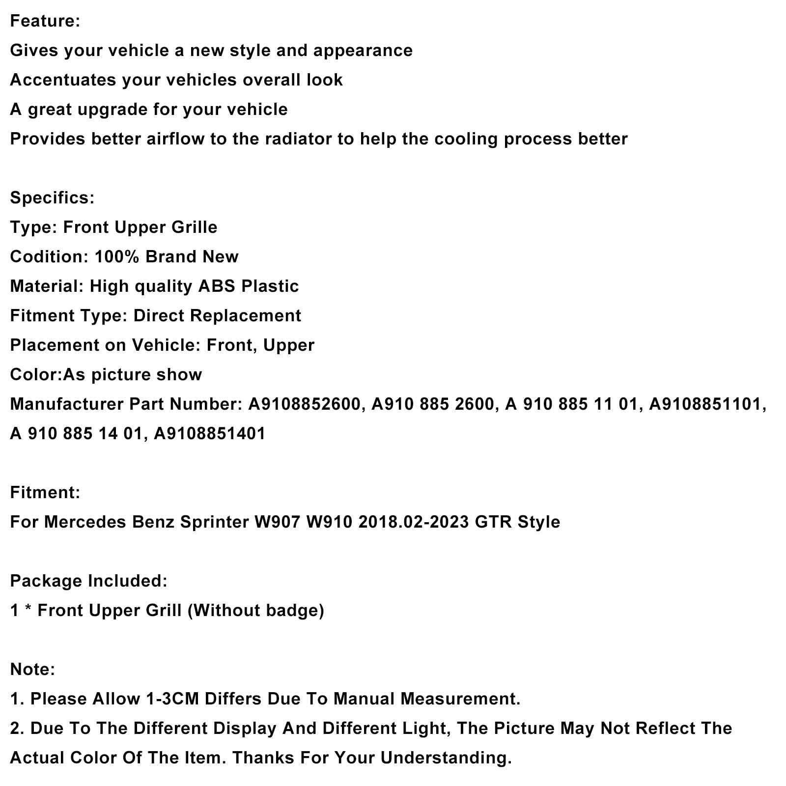 2018-2023 Mercedes Sprinter W907 W910 GTR-Style Front Bumper Grill Grille A9108852600