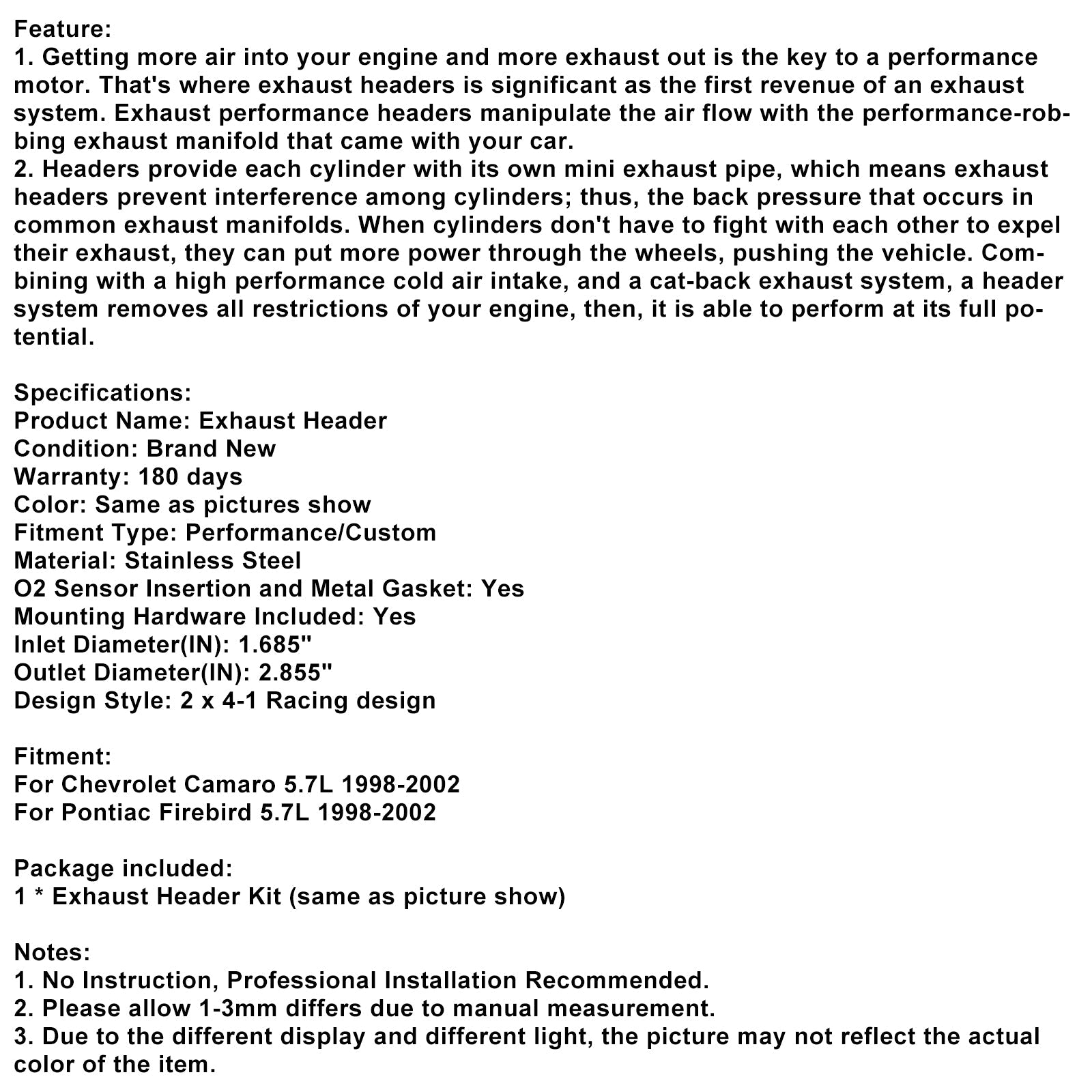 Exhaust Manifold Header Fit Chevy Camaro 1998-2002 Fit Pontiac Firebird 5.7L