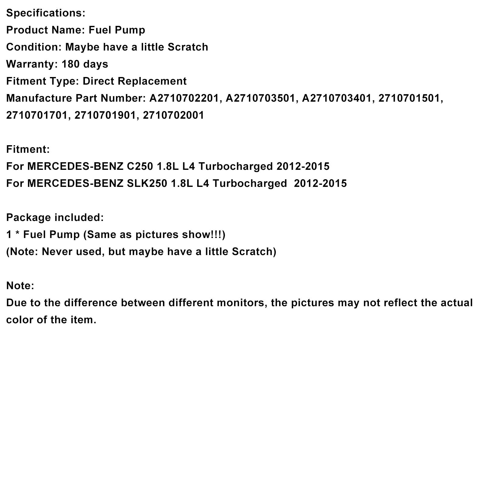 2012-2015 MERCEDES-BENZ SLK250 1.8L L4 Turbocharged High Pressure Fuel Pump A2710703501