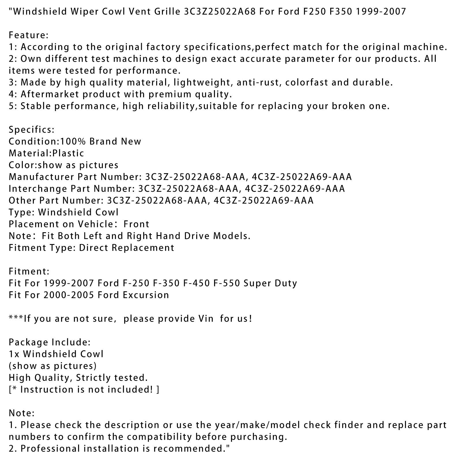 2000-2005 Ford Excursion Windshield Wiper Cowl Vent Grille 3C3Z25022A68