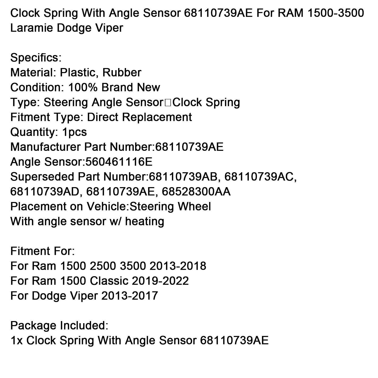2013-2018 Ram 1500 2500 3500 Steering Angle Sensor Assy 68110739AE