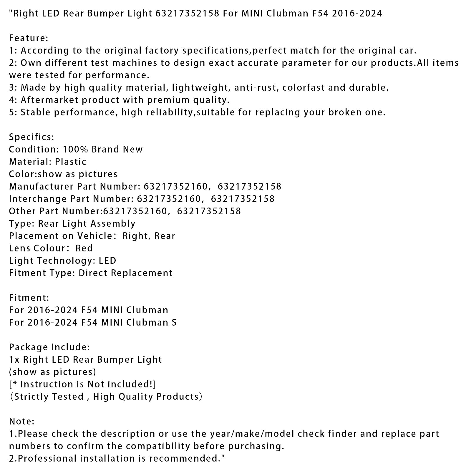 2016-2024 MINI Clubman F54 Right LED Rear Bumper Light 63217352158