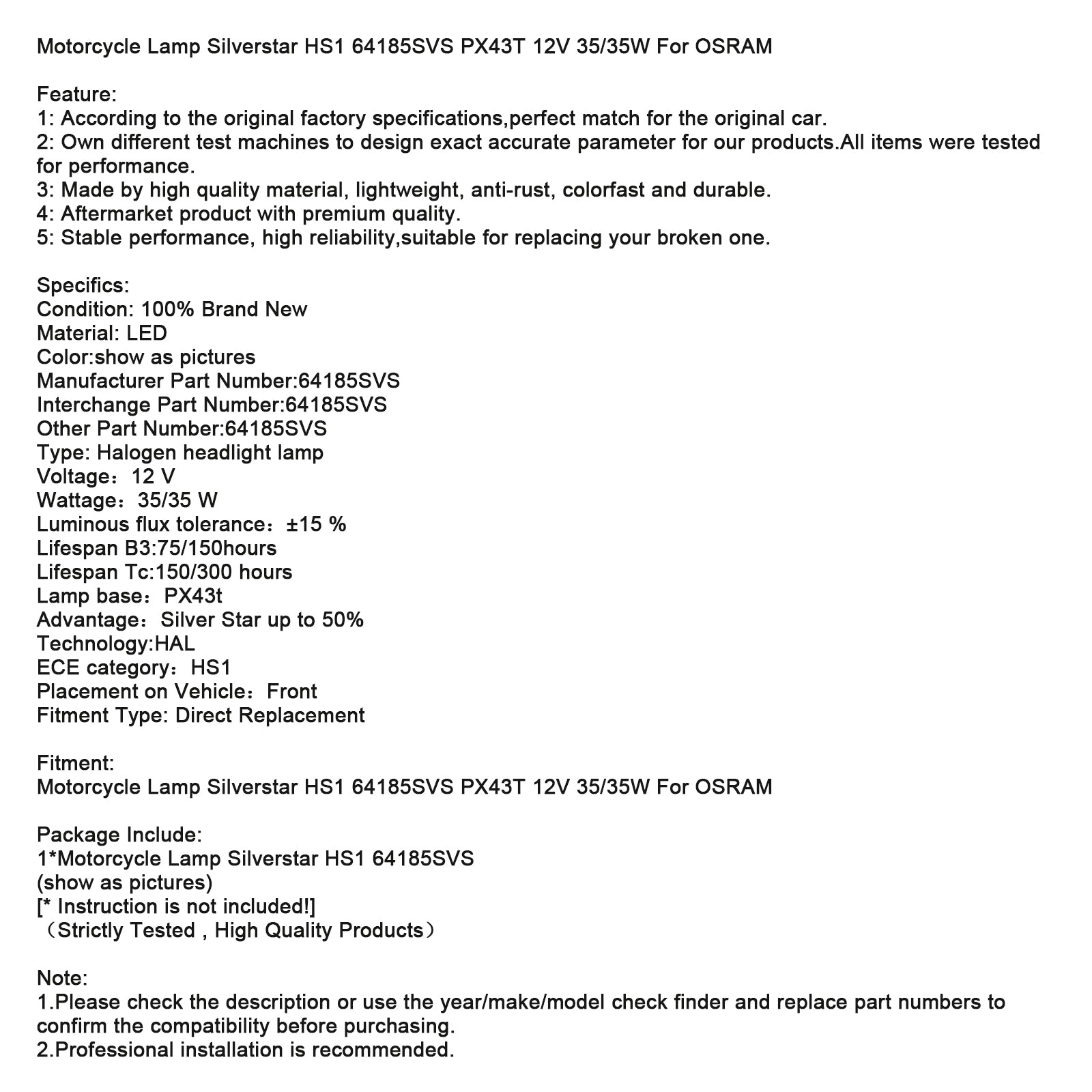 Motorcycle Lamp Silverstar HS1 64185SVS PX43T 12V 35/35W For OSRAM
