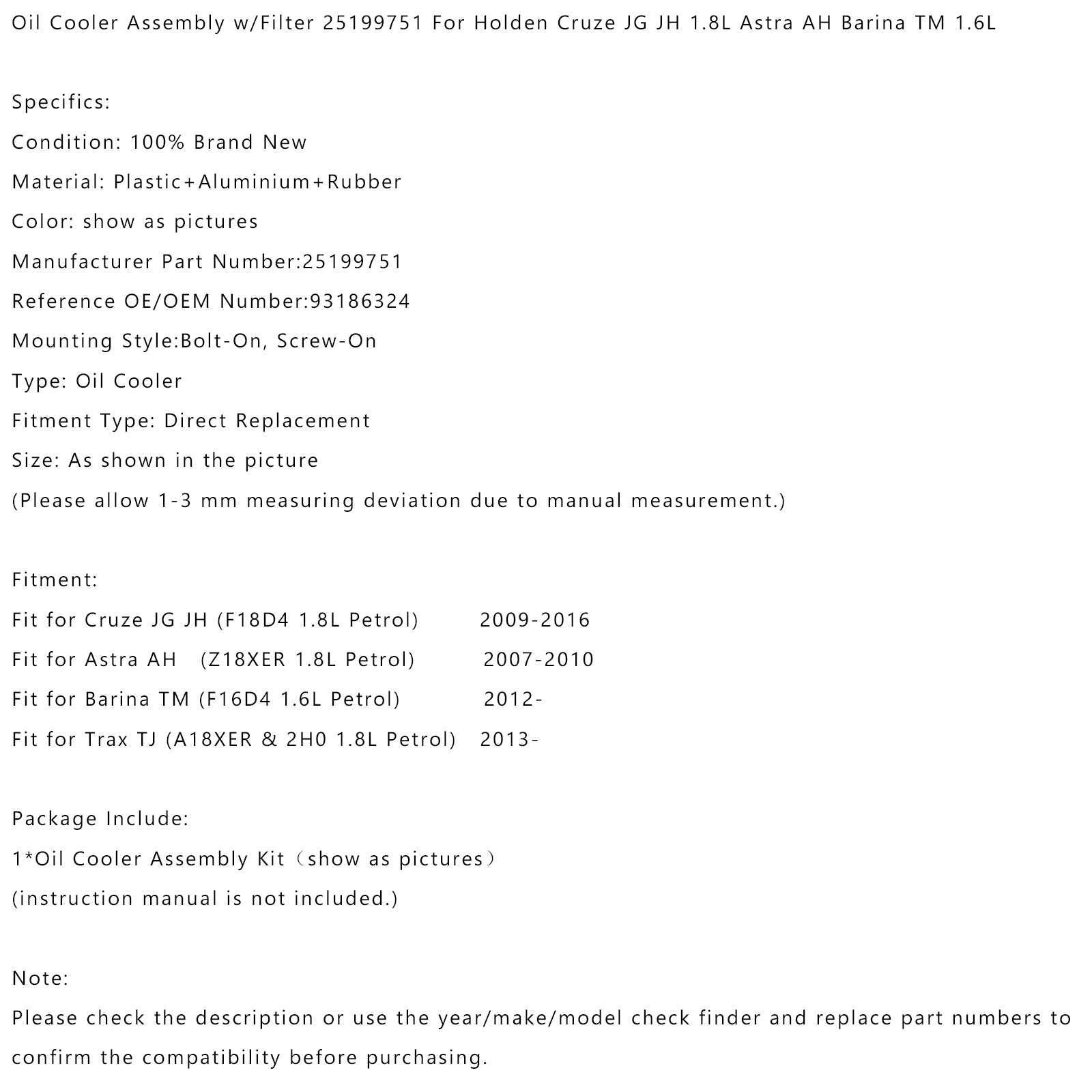 2013- Trax TJ (A18XER & 2H0 1.8L Petrol) Oil Cooler Assembly w/Filter 25199751 93186324