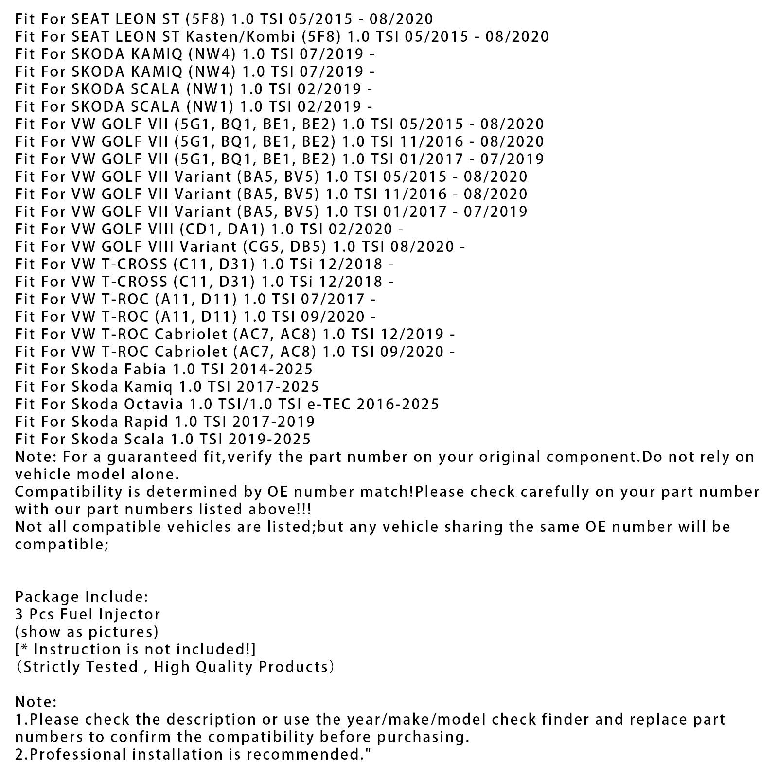 3Pcs Fuel Injector For Audi VW SKODA Rapid Octavia Fabia 1.0 TSI 04E906036AL