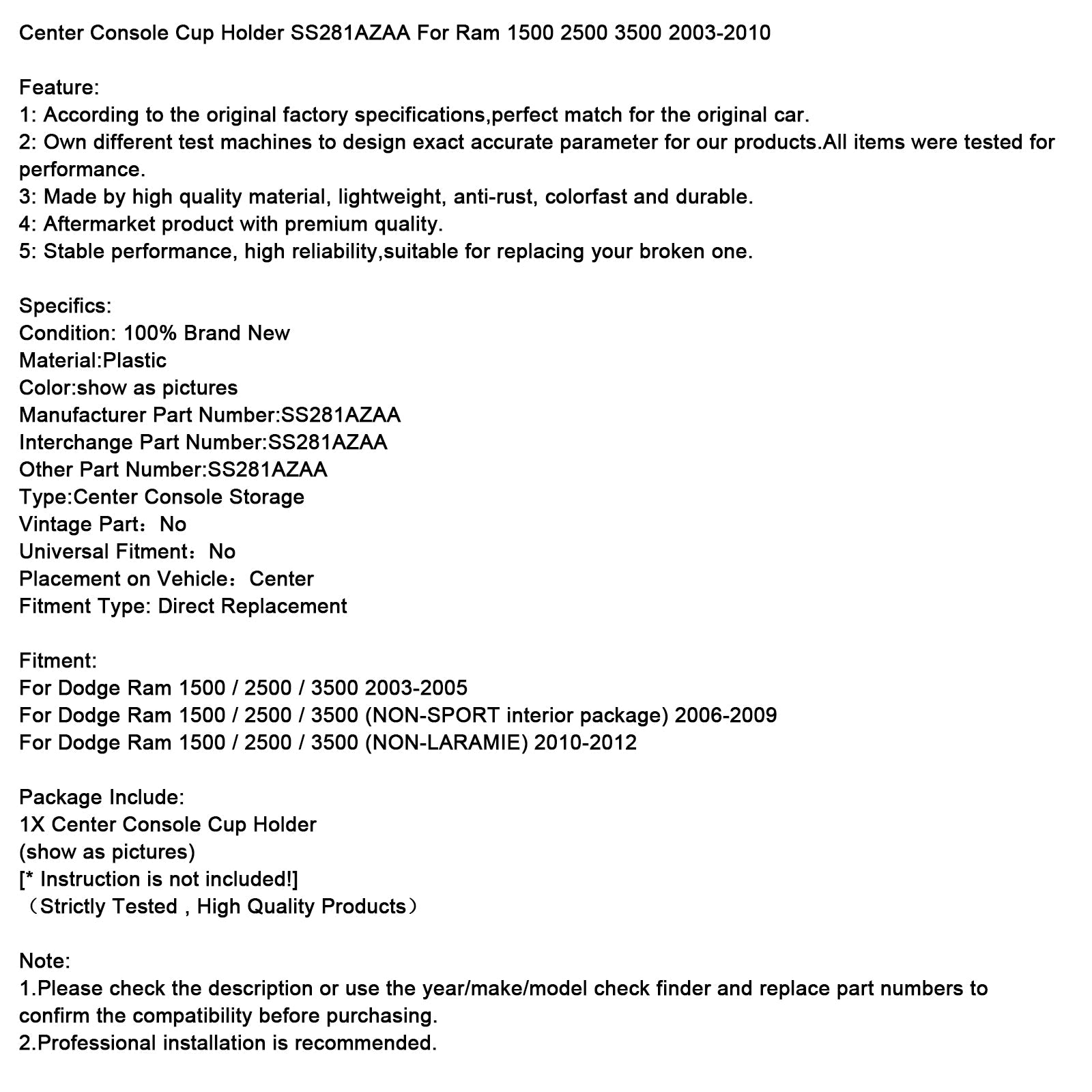 Center Console Cup Holder Small Hole SS281AZAA For Ram 1500 2500 3500 03-10