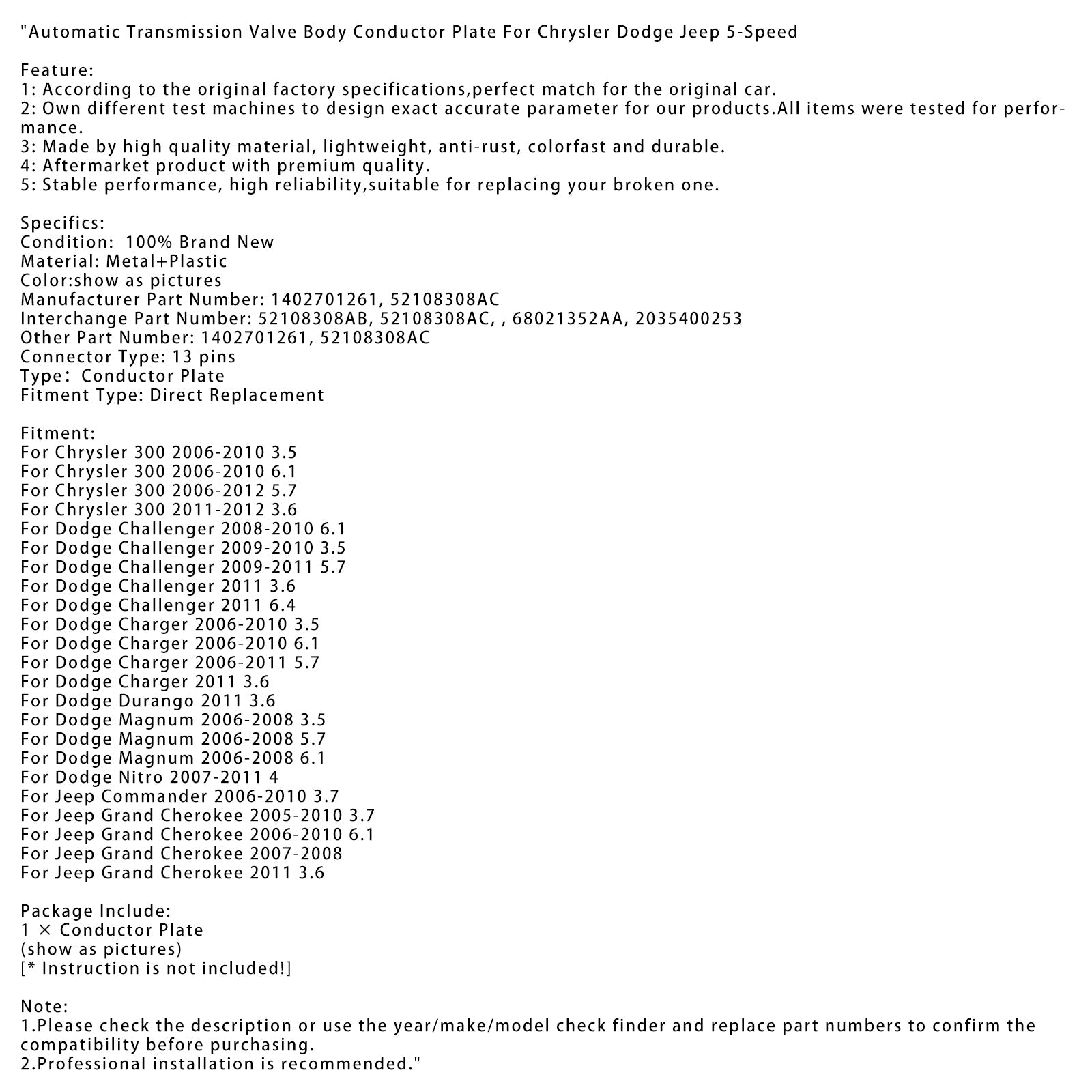 크라이슬러 닷지 5 속도를위한 자동 변속기 밸브 바디 도체 플레이트