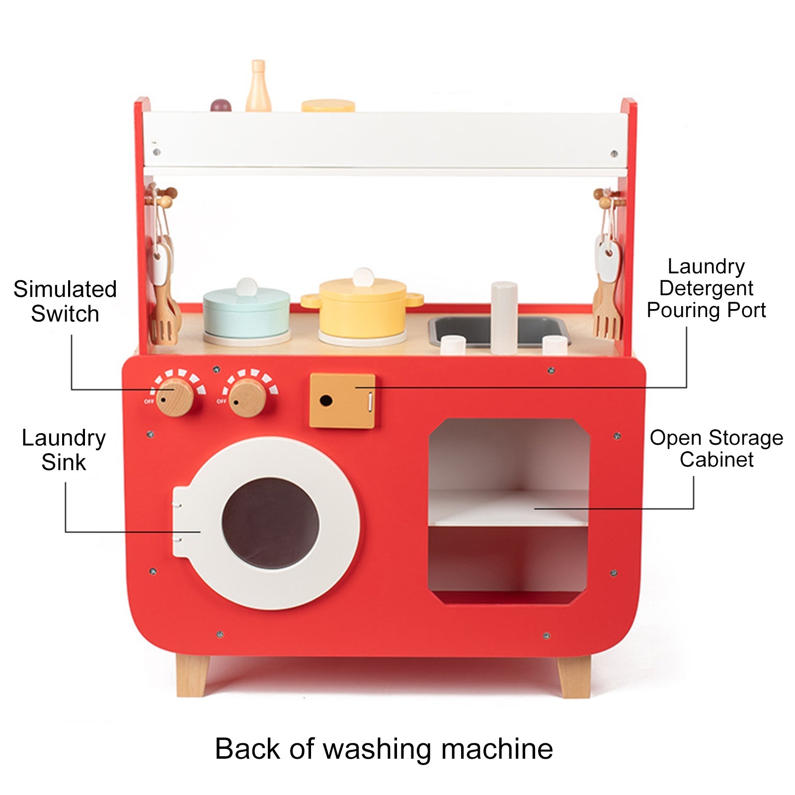 Red Play Kitchen Set Toy With Washing Machine And Oven Gift For Kid Age 3+