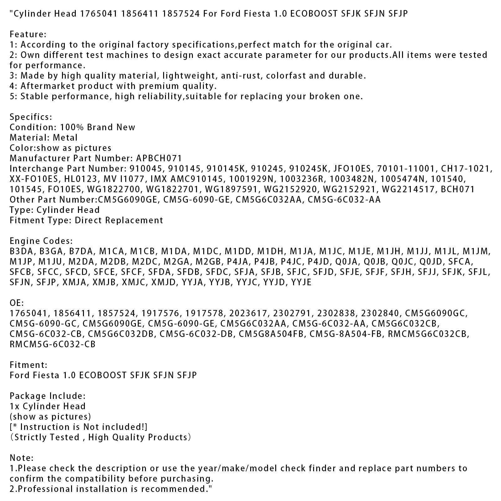 Cylinder Head 1765041 1856411 1857524 For Ford Fiesta 1.0 ECOBOOST SFJK SFJN