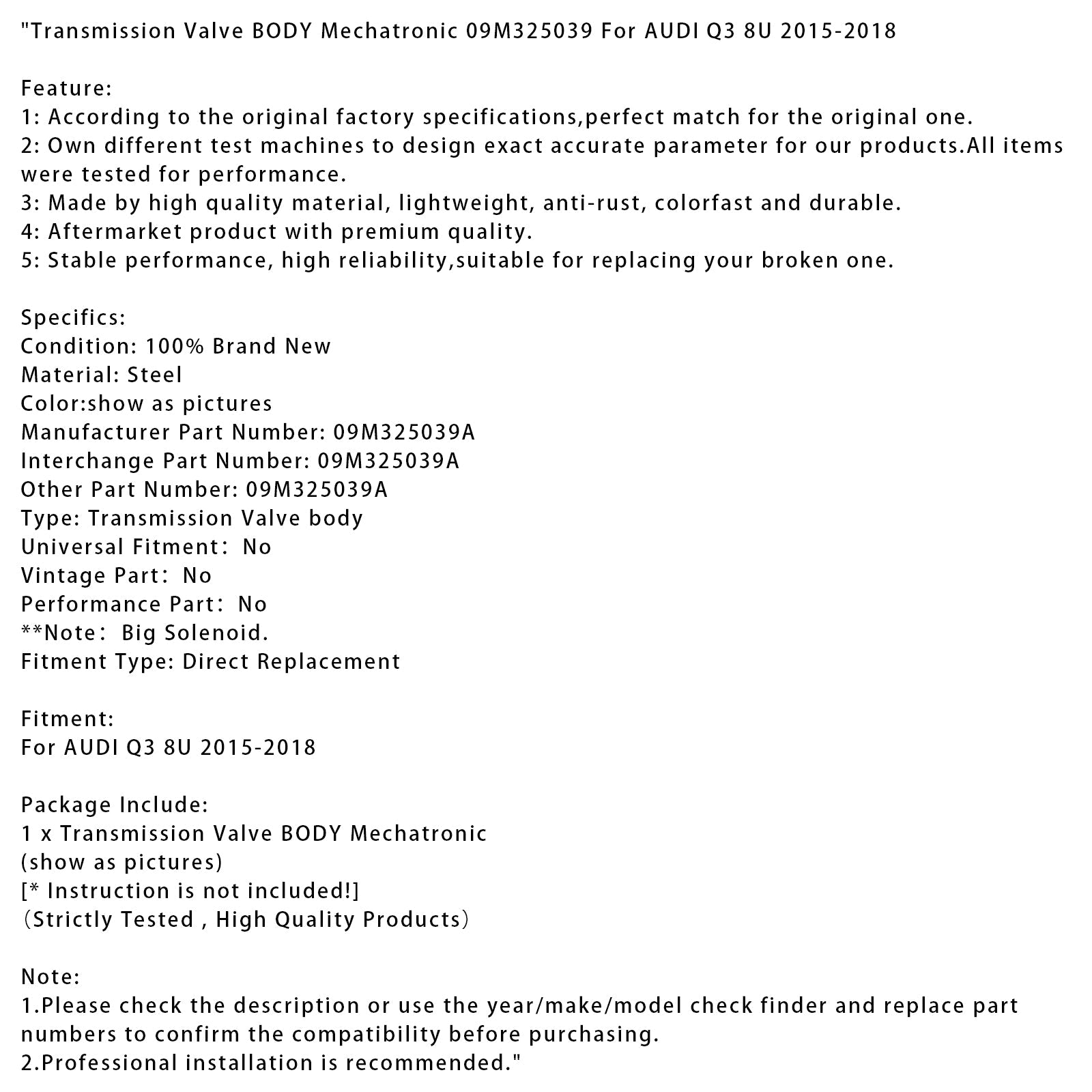 2015-2018 AUDI Q3 8U Transmission Valve BODY Mechatronic 09M325039