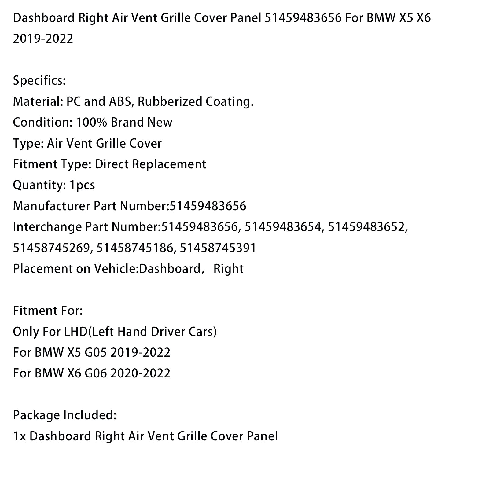 2019-2022 BMW X5 G05 Dashboard Right Air Vent Grille Cover Panel 51459483656