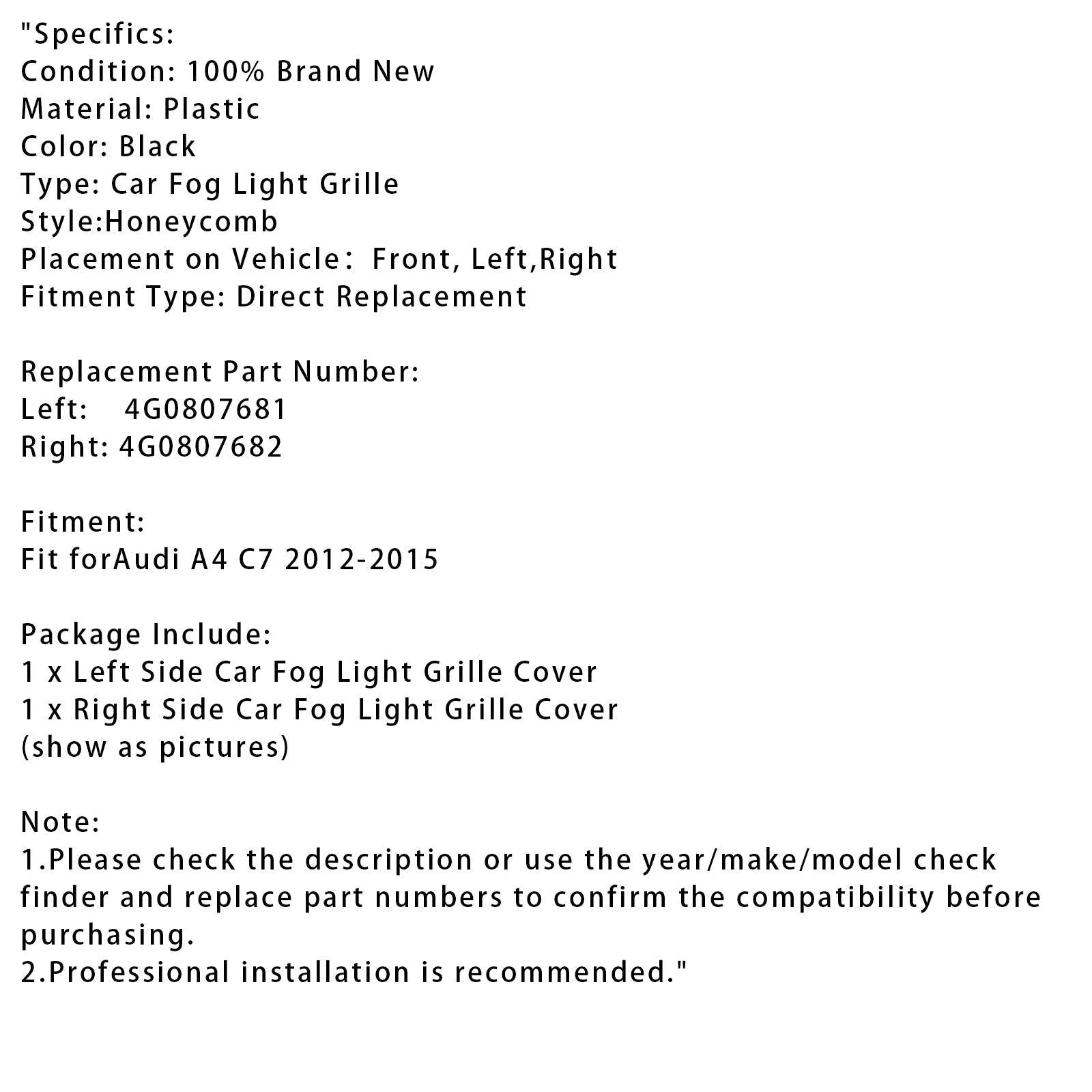 2012-2015 Audi A4 C7 Front Bumper Honeycomb Fog Grille Cover Black