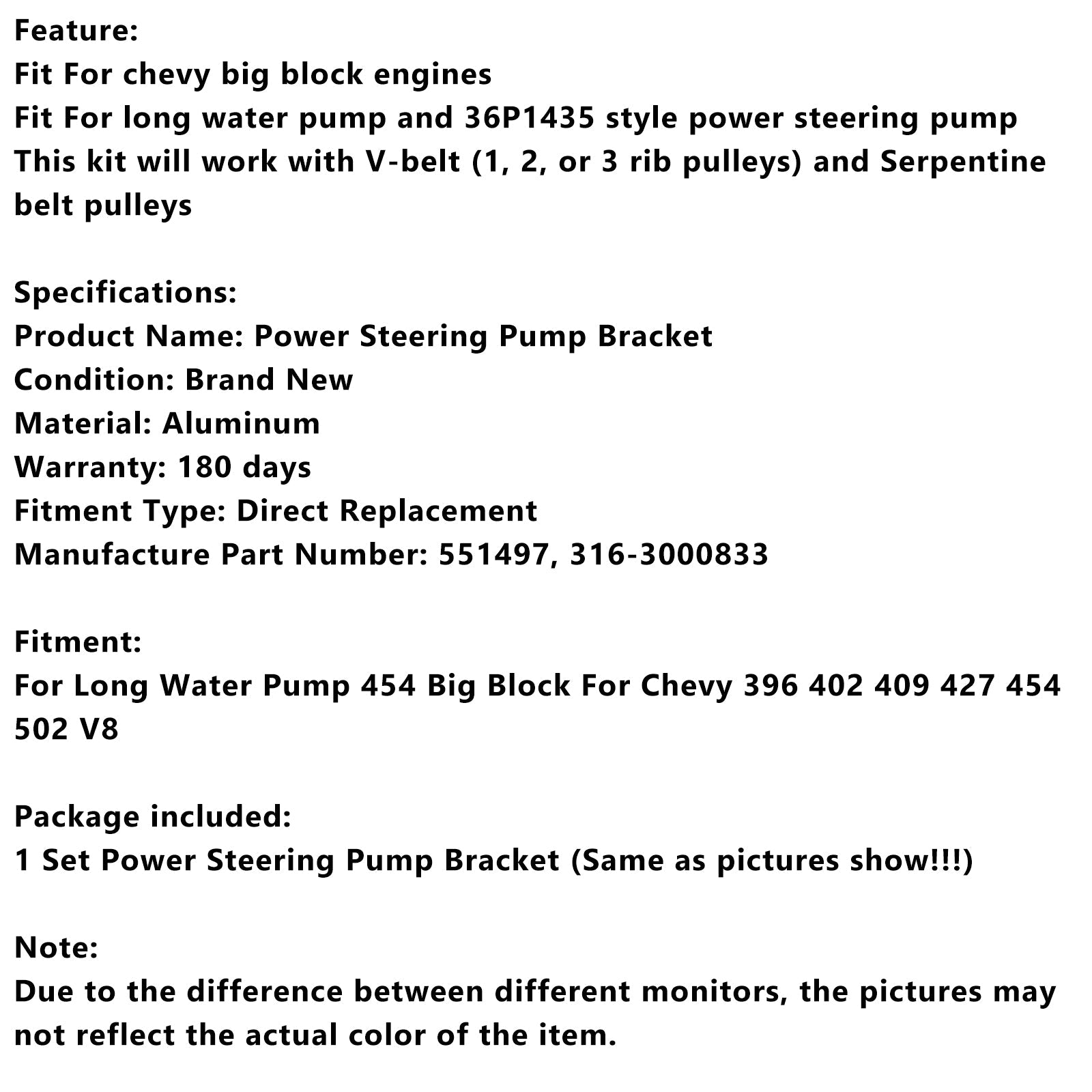 Power Steering Pump Bracket 551497 Fit Long Water Pump Fit Chevy Big Block V8