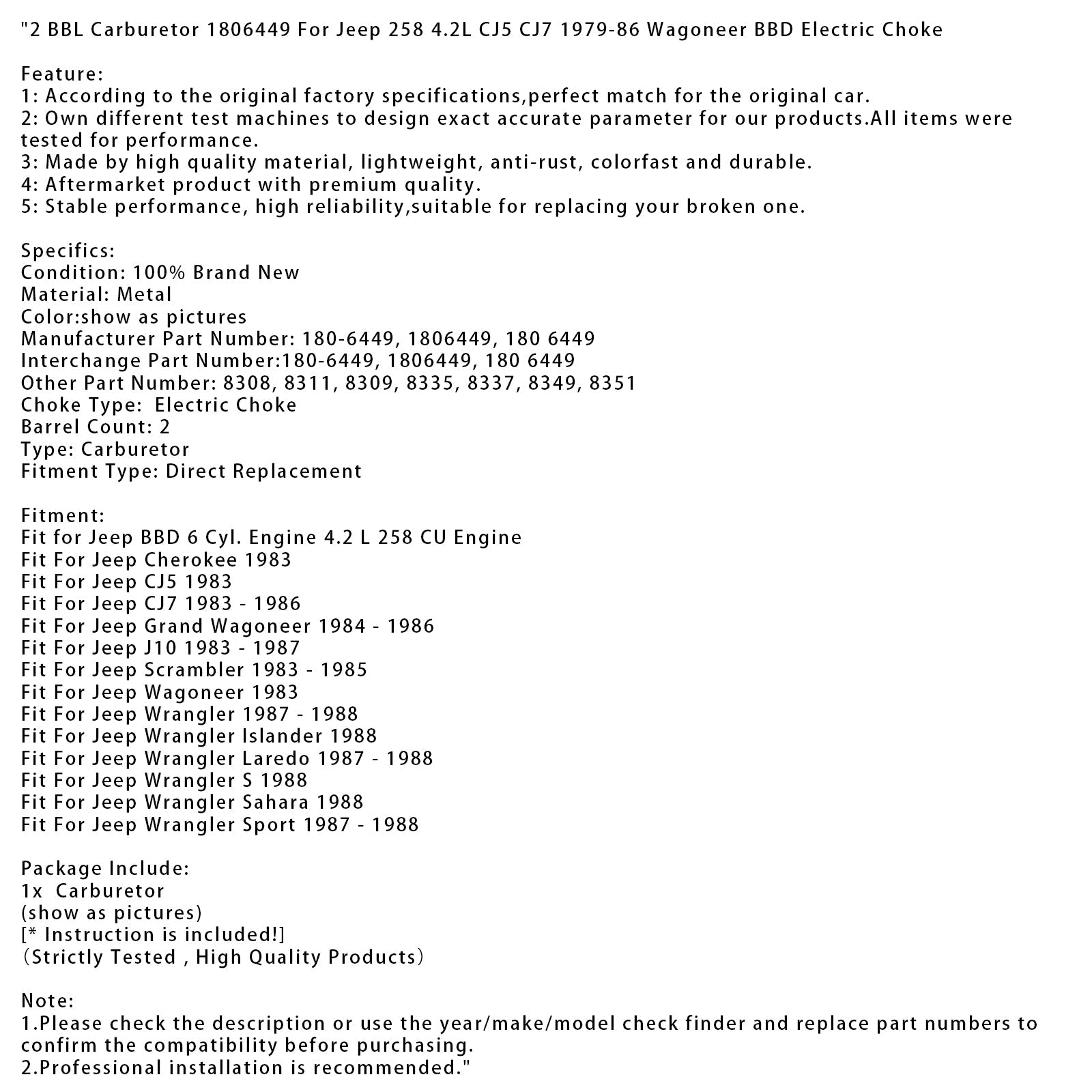 1983-1985 Jeep Scrambler 2 BBL Carburetor 1806449