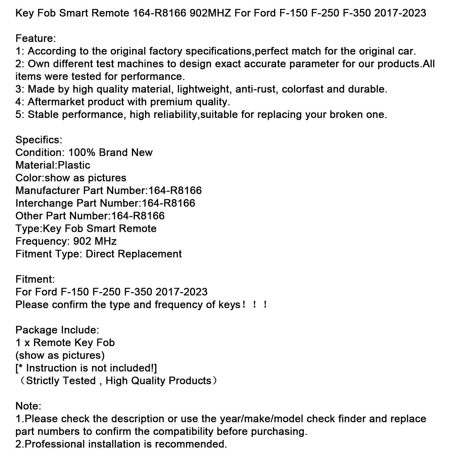 2017-2023 Ford F-150 F-250 F-350 Key Fob Smart Remote 164-R8166 902MHZ