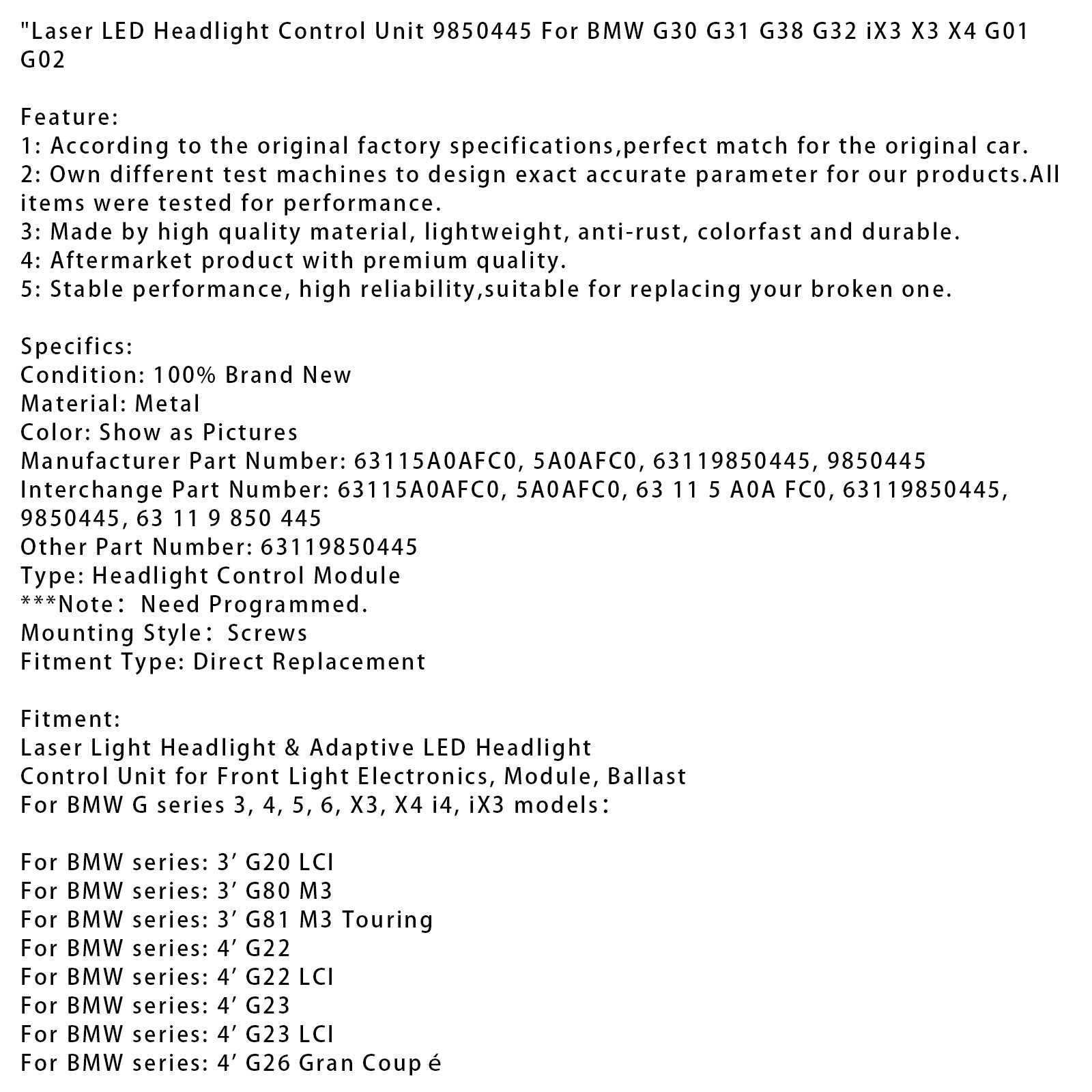 BMW G30 G31 G38 G32 iX3 X3 X4 G01 Laser LED Headlight Control Unit 9850445 For