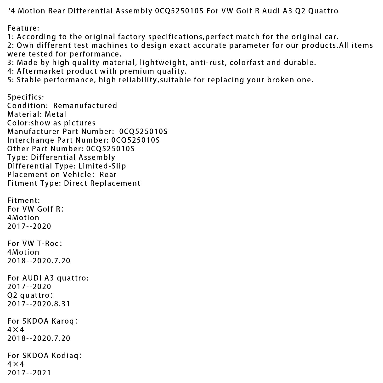 2018-2020.7.20 SKDOA Karoq 4 Motion Rear Differential Assembly 0CQ525010S