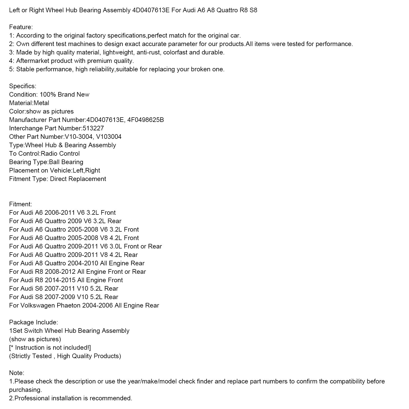 2009-2011 Audi A6 Quattro V8 4.2L Rear Wheel Hub Bearing Assembly 4D0407613E
