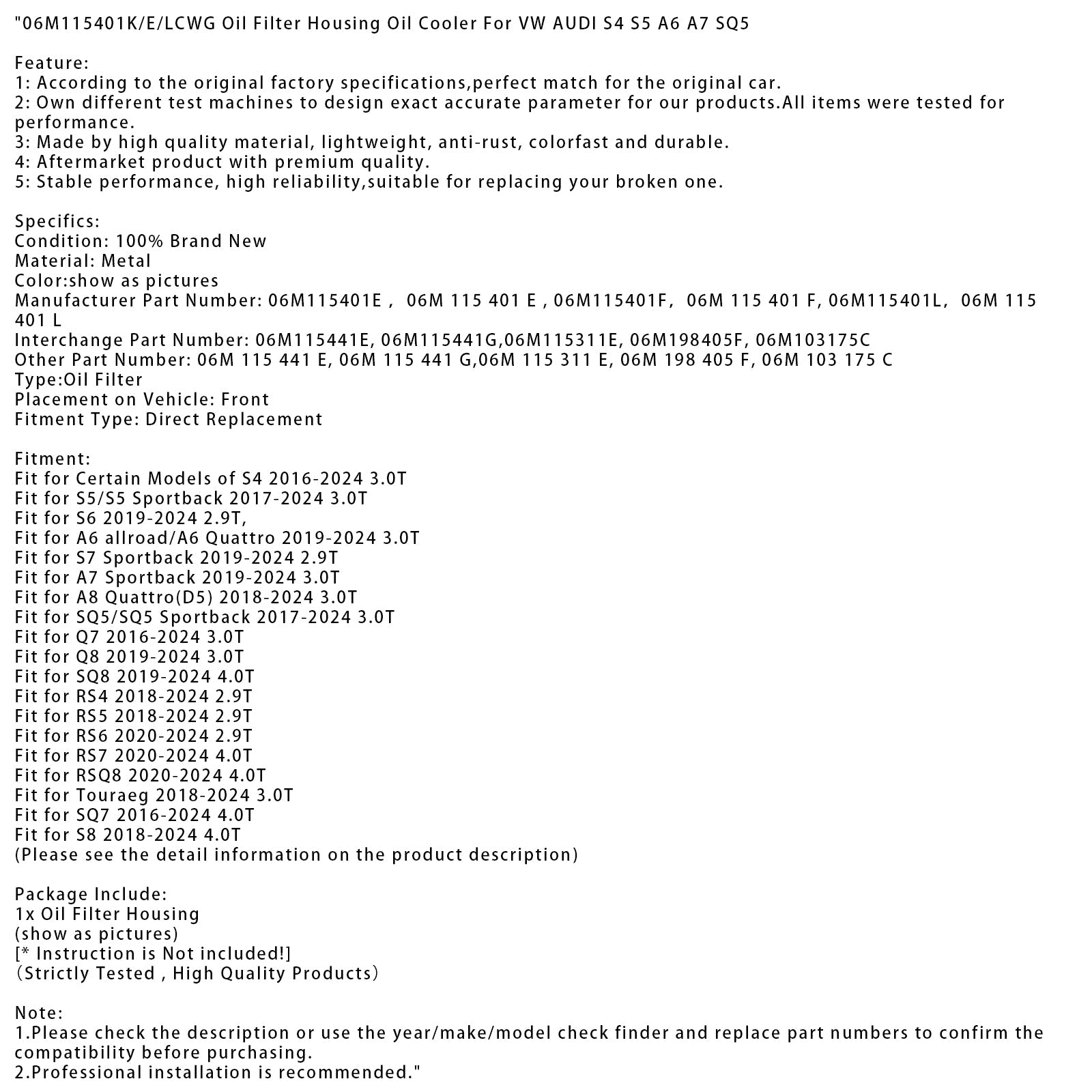 06M115401K/E/LCWG Oil Filter Housing Oil Cooler For VW AUDI S4 S5 A6 A7 SQ5