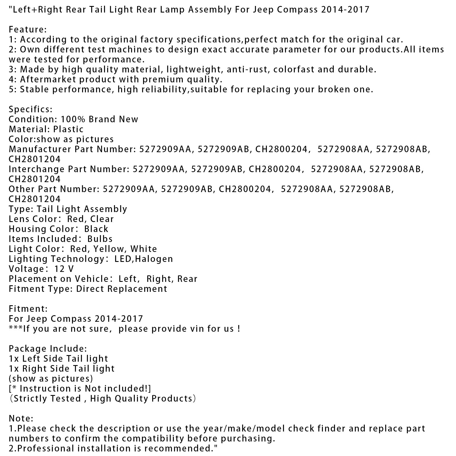 Left+Right Rear Tail Light Rear Lamp Assembly For Jeep Compass 2014-2017