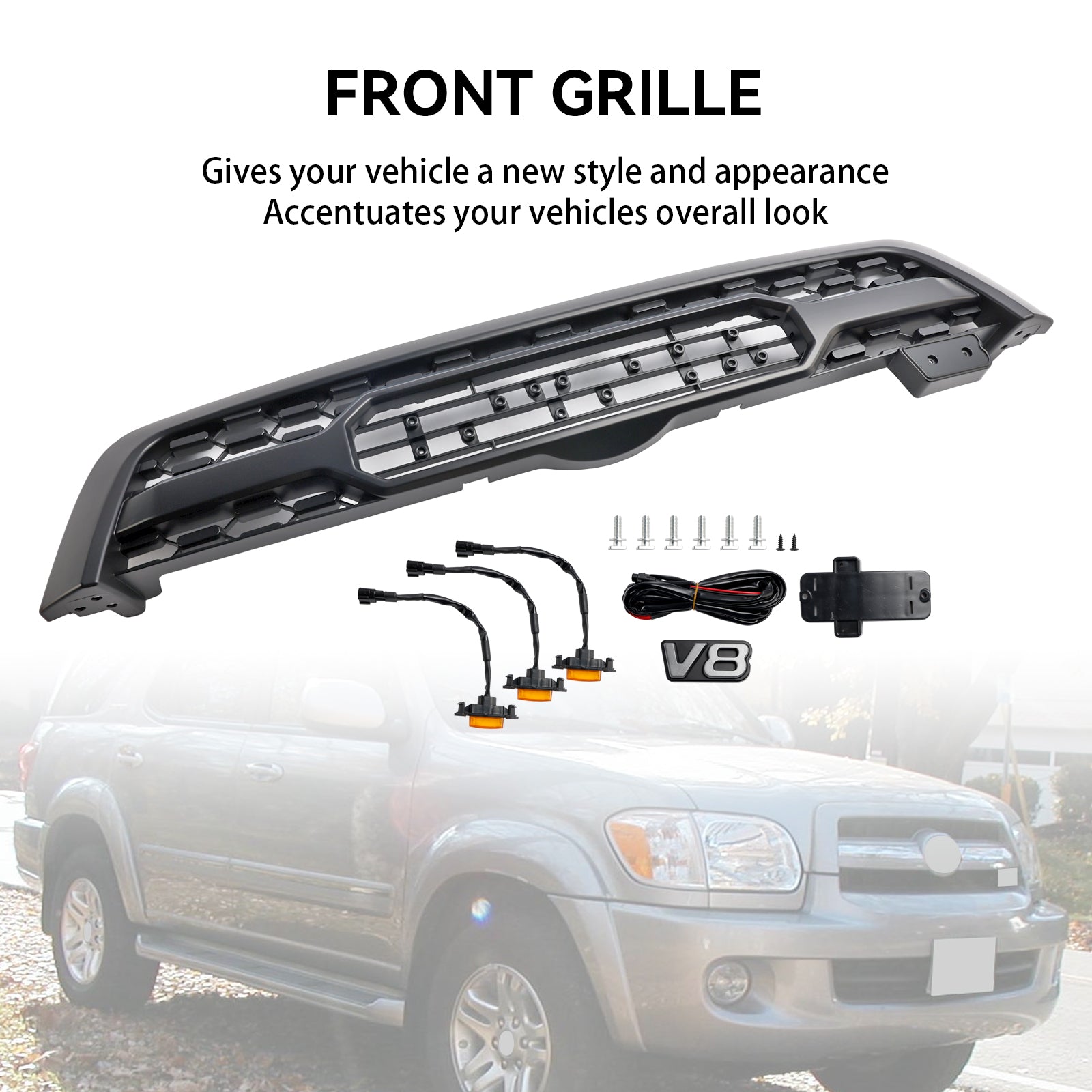 Matte Black Front Bumper Grill Grille Fit Toyota Sequoia 2005-2007 W/ Led Light