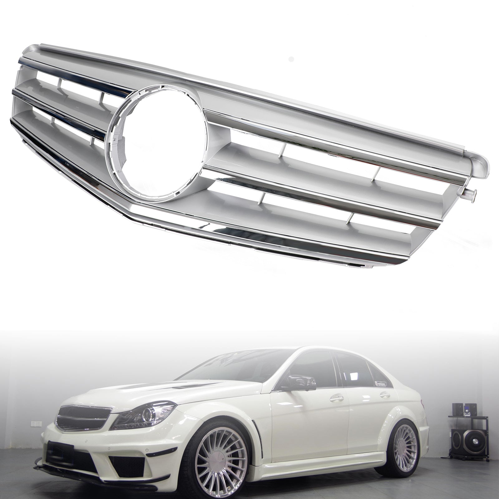 Front Bumper Grille Fit Benz C Class W204 W/LED Emblem C300/C350 2008-2014 Chrome Generic
