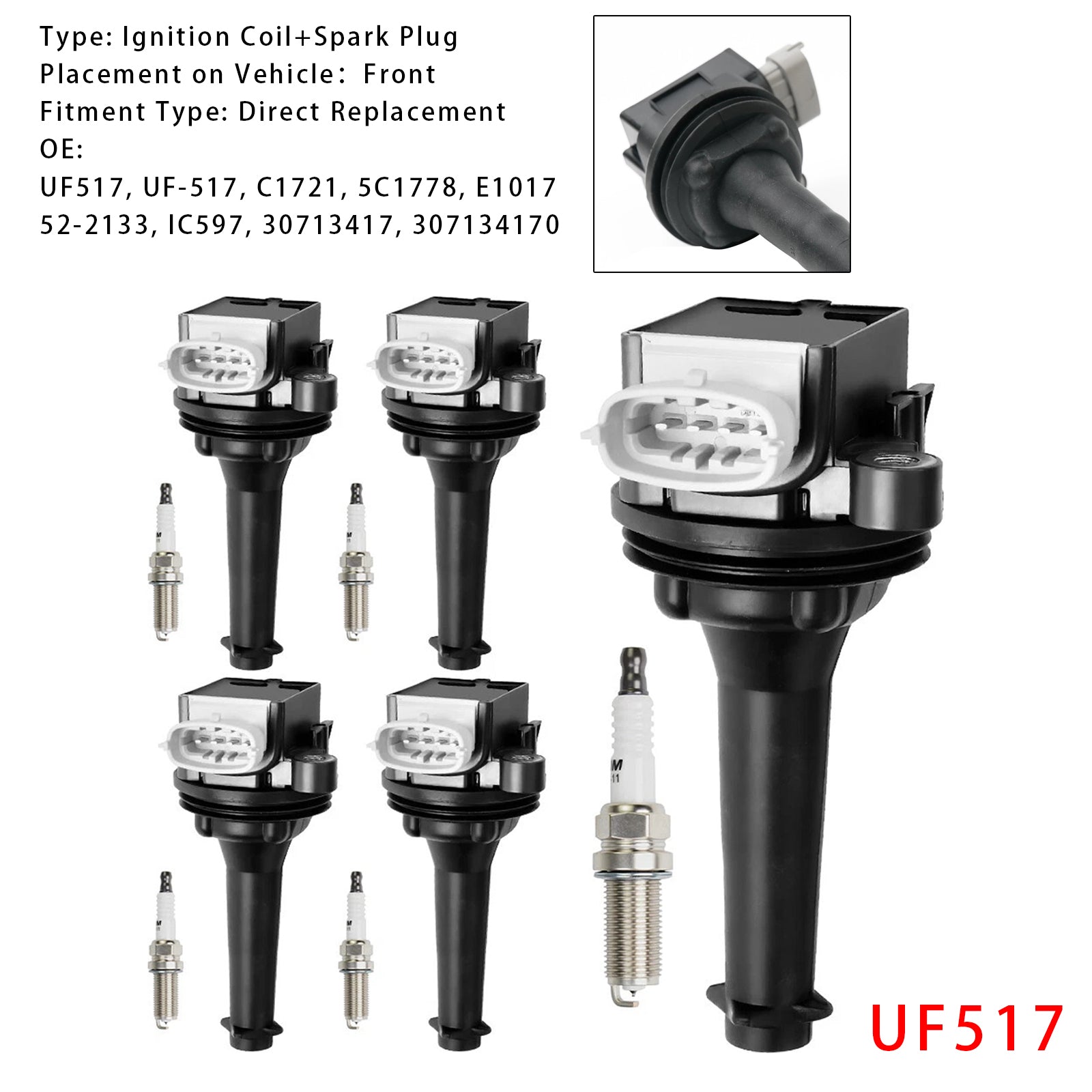2012-2016 Volvo S60 2.5L L5 5x Ignition Coil Pack UF517+Spark Plugs